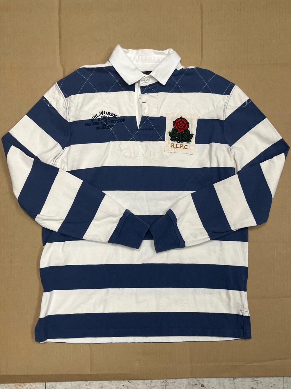 Ralph Lauren POLO RL Men’s R.L.F.C. Blue & White Striped Rugby Shirt. SZ Med
